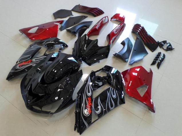 Preisgünstige Kawasaki ZX14R ZZR1400 Motorrad Verkleidung 2006-2011 - Rot Glanzendes Schwarz Silber Flamme
