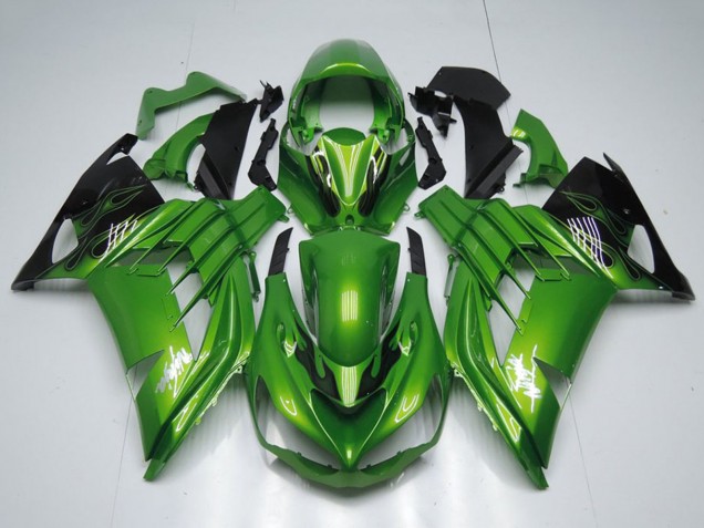 Preisgünstige Kawasaki ZX14R ZZR1400 Motorrad Verkleidung 2012-2024 - Grun Glanzendes Schwarz Flamme Weiss Ninja