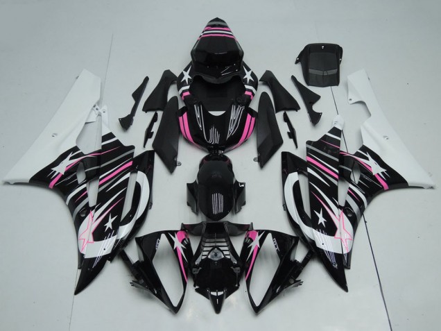 Preisgünstige Yamaha YZF R6 Motorrad Verkleidung 2006-2007 - Weiss Glanzendes Schwarz Rosa Stern Flamme