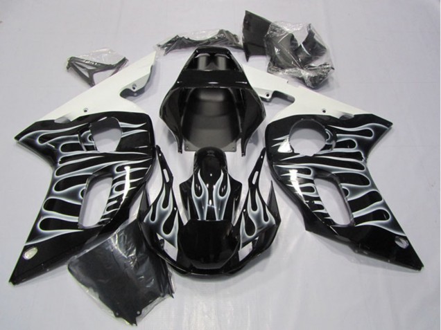 Preisgünstige Yamaha YZF R6 Motorrad Verkleidung 1998-2002 - Glanzendes Schwarz Weiss Flamme