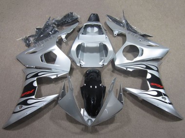 Preisgünstige Yamaha YZF R6 Motorrad Verkleidung 2003-2004 - Silber Glanzendes Schwarz Flamme