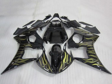 Preisgünstige Yamaha YZF R6 Motorrad Verkleidung 2003-2004 - Glanzendes Schwarz Gold Flamme