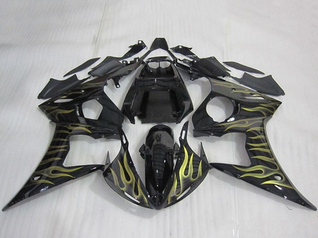 Preisgünstige Yamaha YZF R6 Motorrad Verkleidung 2003-2004 - Glanzendes Schwarz Gold Flamme