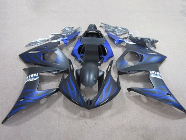 Preisgünstige Yamaha YZF R6 Motorrad Verkleidung 2003-2004 - Matt Schwarz Blau Flamme