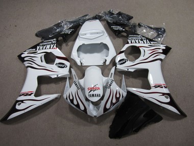 Preisgünstige Yamaha YZF R6 Motorrad Verkleidung 2003-2004 - Weiss Glanzendes Schwarz Flamme Hai
