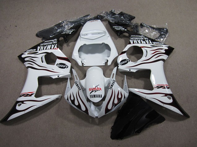 Preisgünstige Yamaha YZF R6 Motorrad Verkleidung 2003-2004 - Weiss Glanzendes Schwarz Flamme Hai