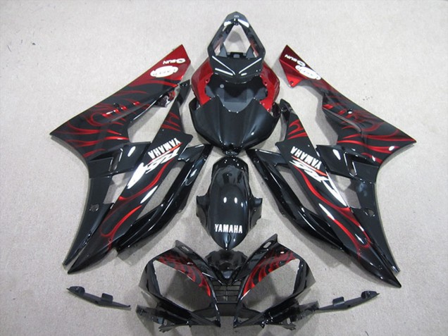 Preisgünstige Yamaha YZF R6 Motorrad Verkleidung 2006-2007 - Glanzendes Schwarz Rot Flamme