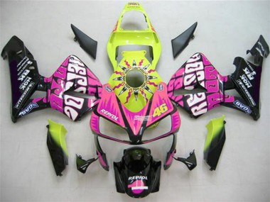 Preisgünstige Honda CBR600RR Motorrad Verkleidung 2003-2004 - Gelb Rosa Glanzendes Schwarz Valentino Rossi