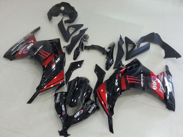 Preisgünstige Kawasaki ZX300R Motorrad Verkleidung 2013-2018 - Glanzendes Schwarz Rot Elf Touch4 Monster