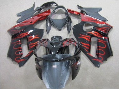 Preisgünstige Kawasaki ZX6R Motorrad Verkleidung 2007-2008 - Schwarz Rot Flamme