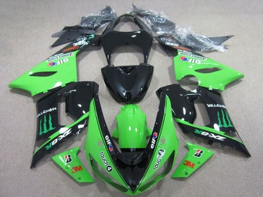 Preisgünstige Kawasaki ZX6R Motorrad Verkleidung 2005-2006 - Glanzendes Schwarz Grun Elf Touch4 Bridgestone Monster