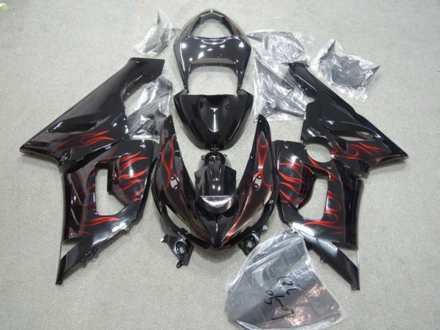Preisgünstige Kawasaki ZX6R Motorrad Verkleidung 2005-2006 - Glanzendes Schwarz Rot Flamme