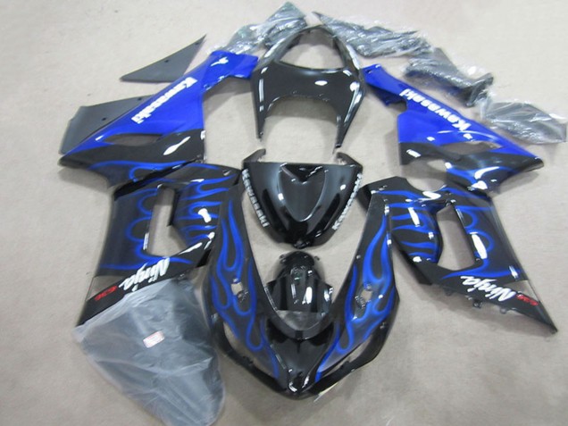 Preisgünstige Kawasaki ZX6R Motorrad Verkleidung 2005-2006 - Glanzendes Schwarz Blau Flamme