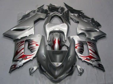 Preisgünstige Kawasaki ZX6R Motorrad Verkleidung 2005-2006 - Silber Rot Flamme Ninja