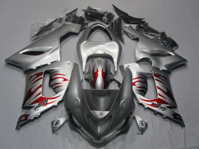 Preisgünstige Kawasaki ZX6R Motorrad Verkleidung 2005-2006 - Silber Rot Flamme Ninja