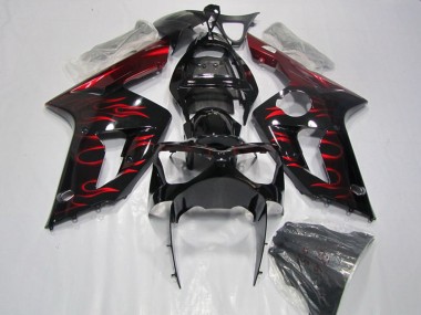 Preisgünstige Kawasaki ZX6R Motorrad Verkleidung 2003-2004 - Glanzendes Schwarz Rot Flamme