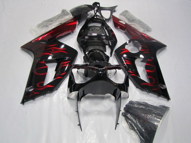 Preisgünstige Kawasaki ZX6R Motorrad Verkleidung 2003-2004 - Glanzendes Schwarz Rot Flamme