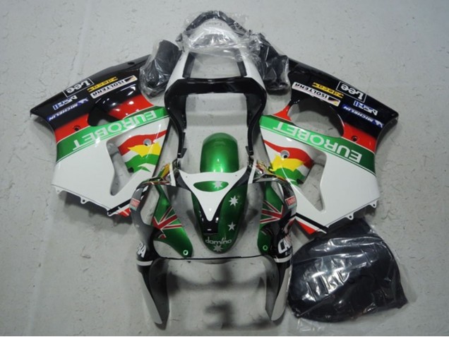 Preisgünstige Kawasaki ZX6R Motorrad Verkleidung 2000-2002 - Weiss Grun Rot Gelb Schwarz Stern EuroBet