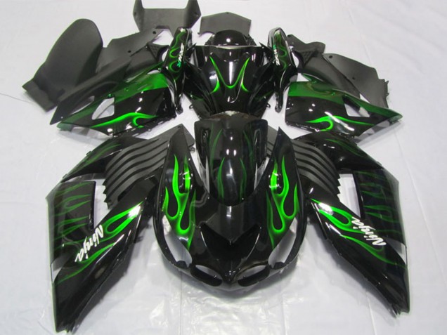 Preisgünstige Kawasaki ZX14R ZZR1400 Motorrad Verkleidung 2006-2011 - Glanzendes Schwarz Grun Flamme
