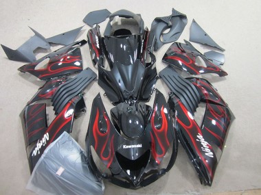 Preisgünstige Kawasaki ZX14R ZZR1400 Motorrad Verkleidung 2006-2011 - Glanzendes Schwarz Rot Flamme