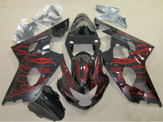 Preisgünstige Suzuki GSXR 600 Motorrad Verkleidung 2004-2005 - Glanzendes Schwarz Rot Flamme