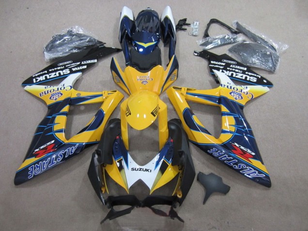 Preisgünstige Suzuki GSXR 600 Motorrad Verkleidung 2008-2010 - Weiss Gelb Blau Alstare Corona Extra