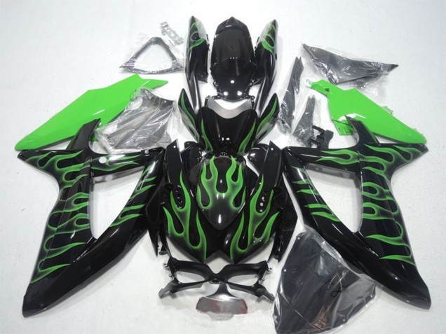 Preisgünstige Suzuki GSXR 600 Motorrad Verkleidung 2008-2010 - Glanzendes Schwarz Grun Flamme