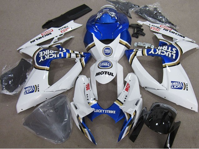 Preisgünstige Suzuki GSXR 750 Motorrad Verkleidung 2006-2007 - Weiss Blau Michelin Motul Lucky Strike