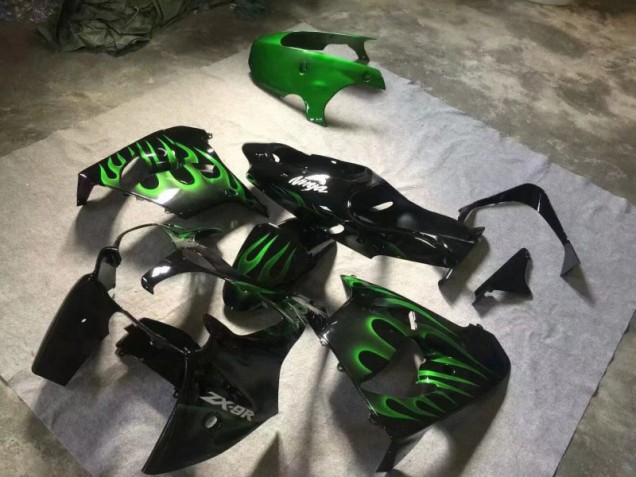 Preisgünstige Kawasaki ZX9R 00-01 Verkleidungen - Glänzend Schwarze Grüne Flamme Preisgünstige Kawasaki ZX9R 00-01 Verkleidungen - Glänzend Schwarze Grüne Flamme