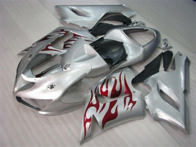 Preisgünstige Kawasaki ZX6R 05-06 Verkleidungen - Silber Rot Flammen Preisgünstige Kawasaki ZX6R 05-06 Verkleidungen - Silber Rot Flammen