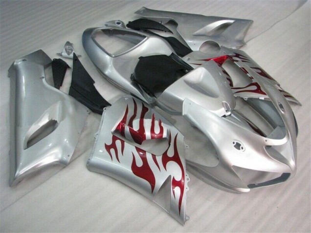 Preisgünstige Kawasaki ZX6R 05-06 Verkleidungen - Silber Rot Flammen Preisgünstige Kawasaki ZX6R 05-06 Verkleidungen - Silber Rot Flammen