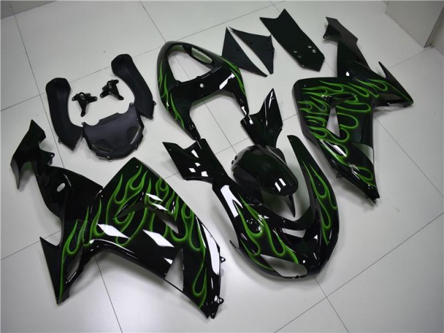Preisgünstige Kawasaki ZX10R 06-07 Verkleidungen - Schwarze Grüne Flamme