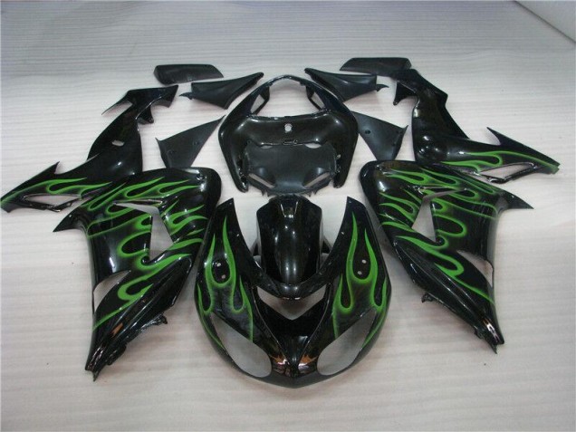 Preisgünstige Kawasaki ZX10R 06-07 Verkleidungen - Schwarze Grüne Flamme